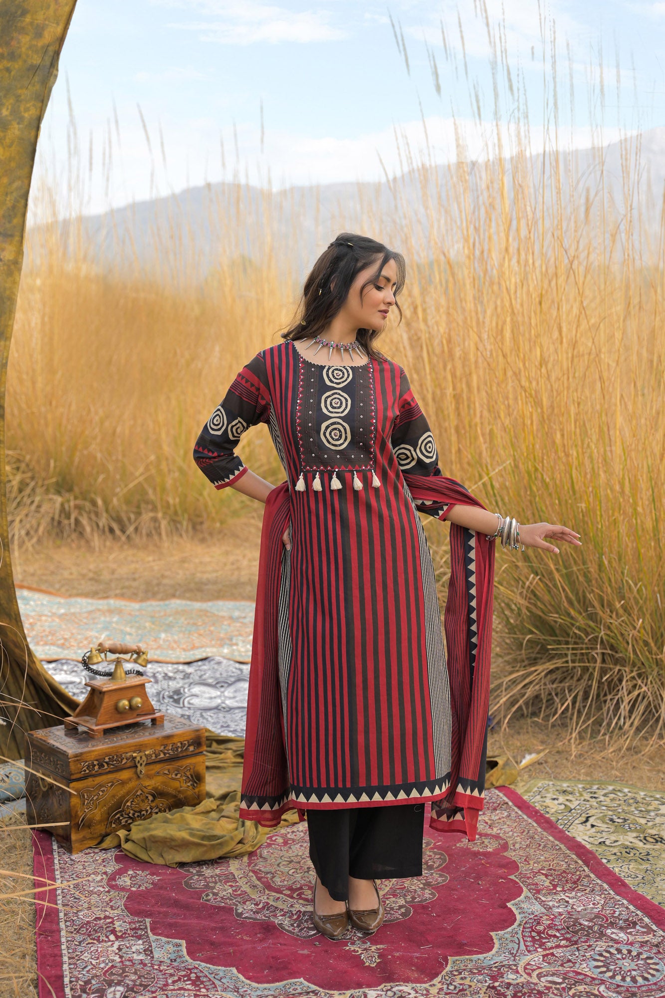 Red Pure Cotton Ajrakh Printed A-Line Kurta Trouser With Dupatta