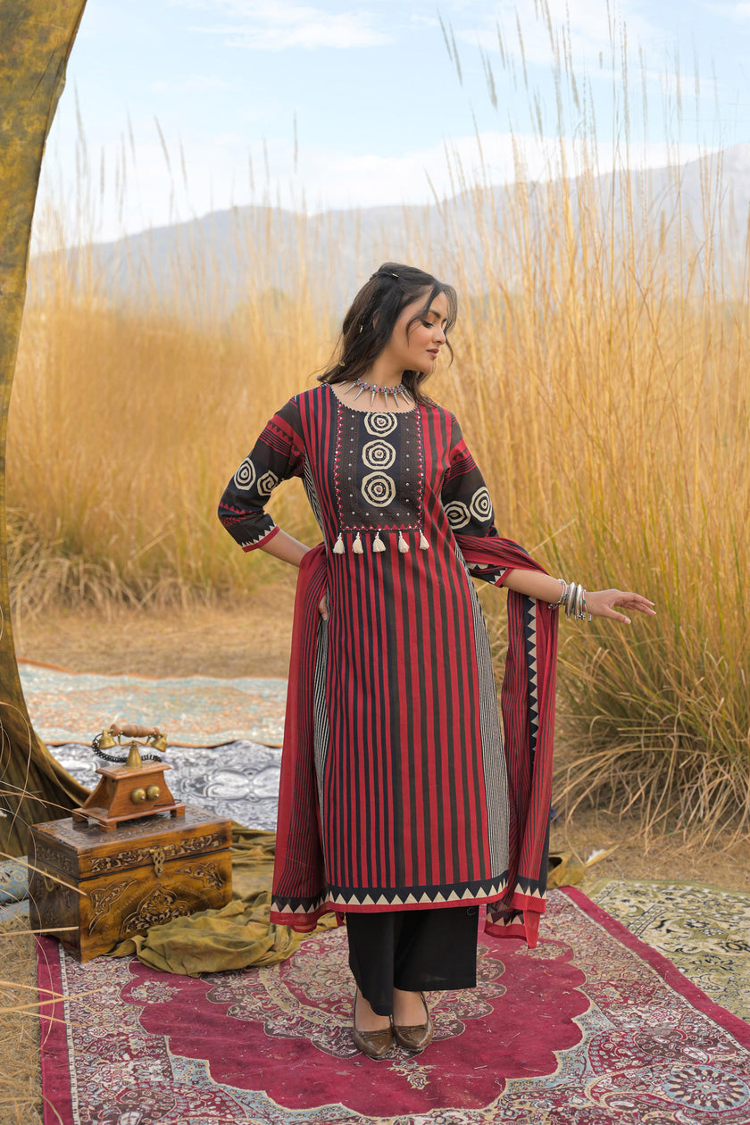 Red Pure Cotton Ajrakh Printed A-Line Kurta Trouser With Dupatta