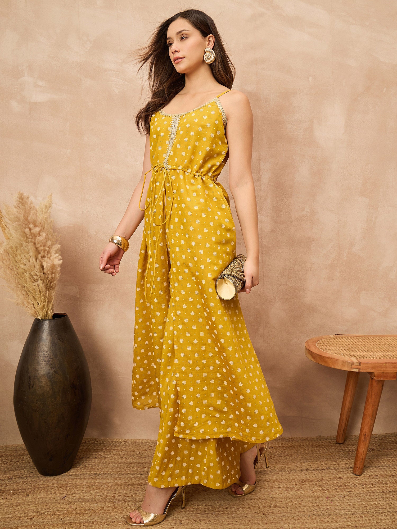 Yellow Silk Blend Printed A-Line Kurta Palazzo