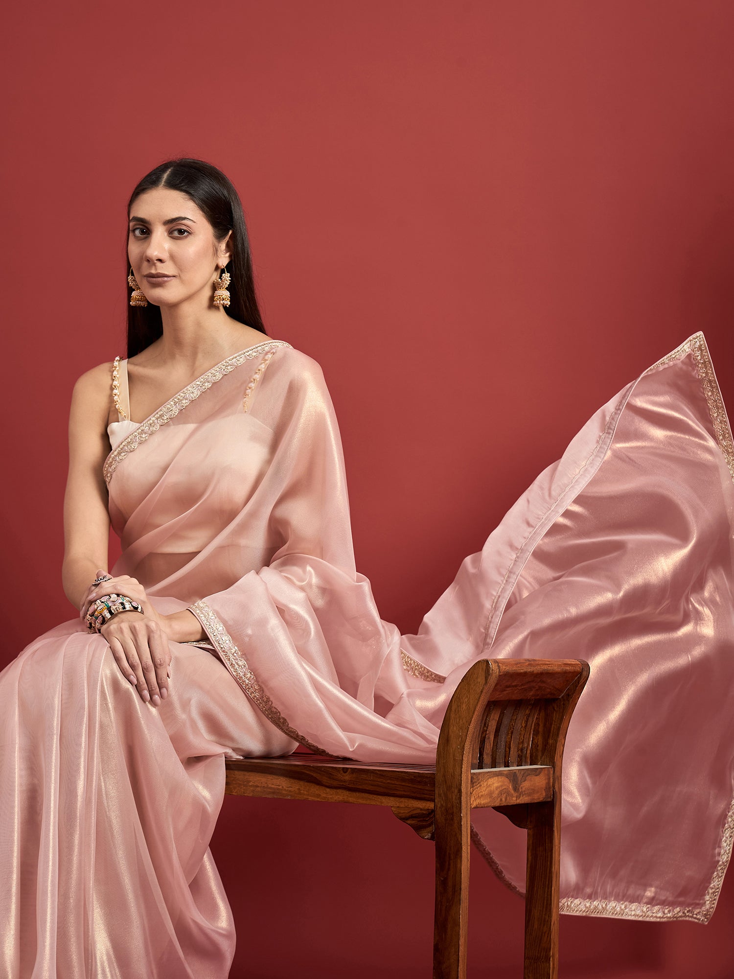 Pink  Organza Solid With Pure Gotta Embroidered Border Saree with Unstitched Fancy Blouse