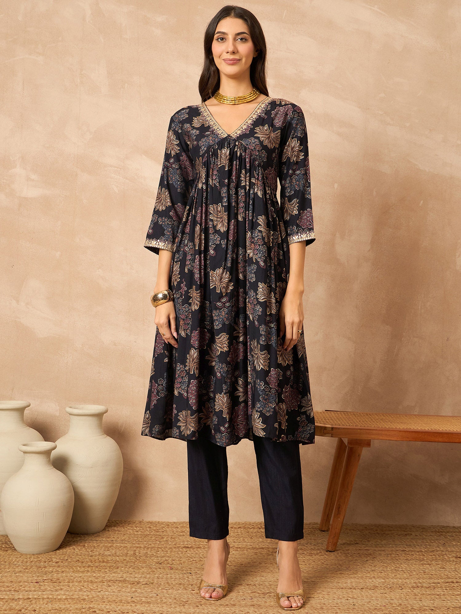 Black Cotton Blend Printed Anarkali Kurta Trouser With Dupatta