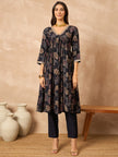 Black Cotton Blend Printed Anarkali Kurta Trouser With Dupatta