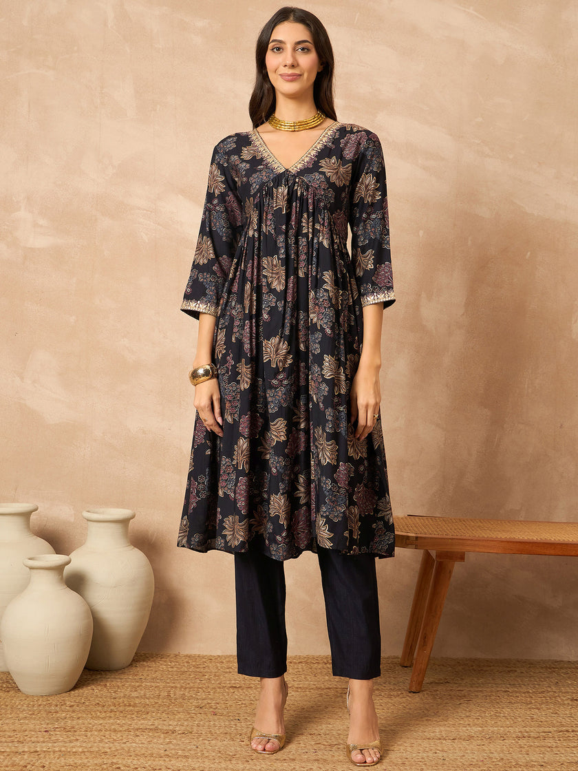 Black Cotton Blend Printed Anarkali Kurta Trouser With Dupatta