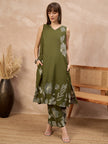 Olive Pure Cotton Floral Printed A-Line Kurta Trouser With Printed Dupatta