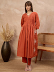 Orange Pure Cotton Embroidered Pleated A-Line Kurta Trouser With Dupatta