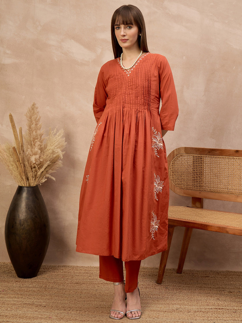 Orange Pure Cotton Embroidered Pleated A-Line Kurta Trouser With Dupatta