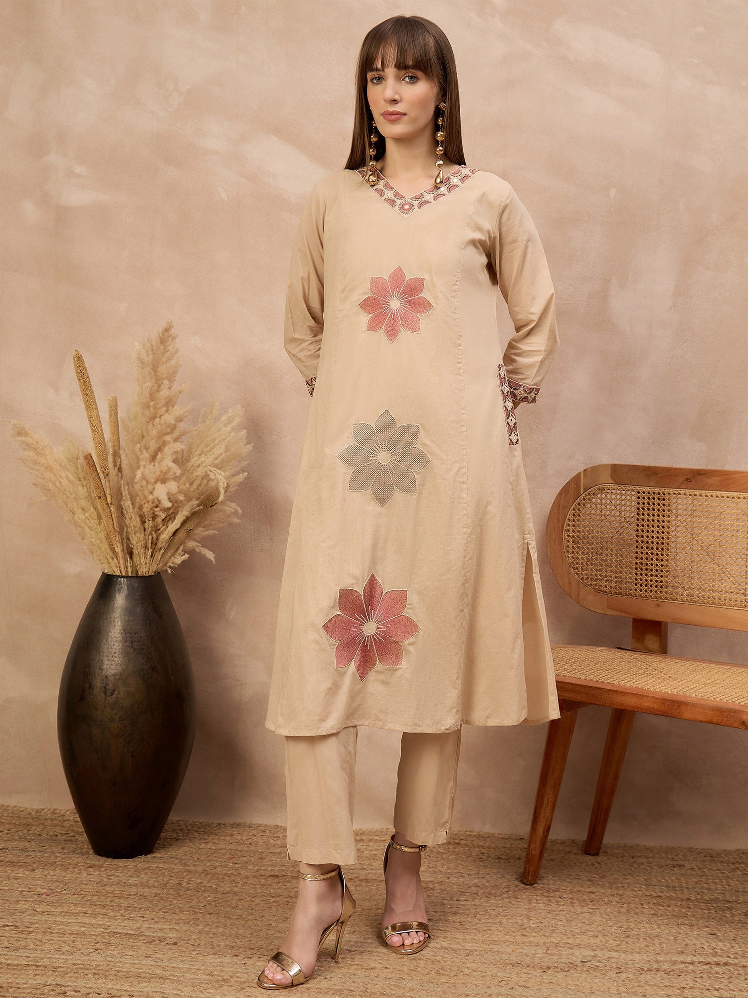 Beige Pure Cotton Floral & Mirror Embroidered A-Line Kurta Trouser With Dupatta