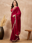 Red Satin Solid with Embroidered Cut Work Border Saree with Unstitched Blouse
