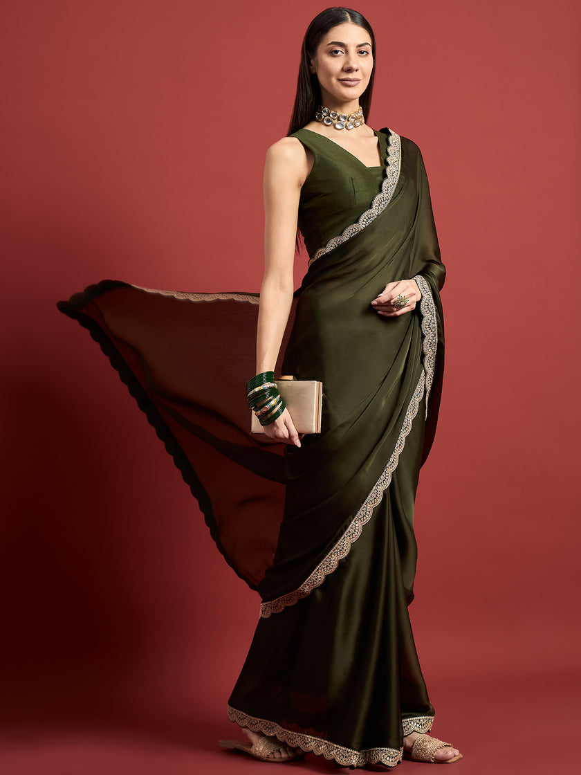 Olive Satin Solid With Embroidered Border Saree with Unstitched Fancy Blouse