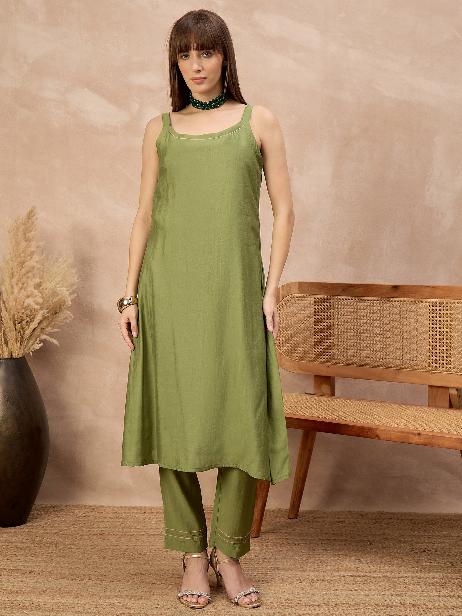 Olive Pure Cotton Solid A-Line Kurta Trouser With Floral & Mirror Embroidered Shrug