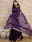 Purple Satin Solid With Embellished Lace Saree with Unstitched Blouse