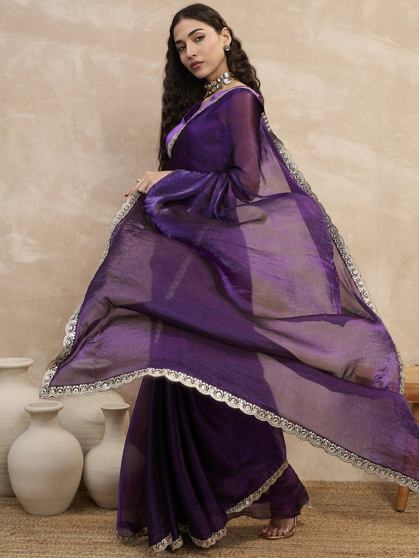 Purple Satin Solid With Embellished Lace Saree with Unstitched Blouse