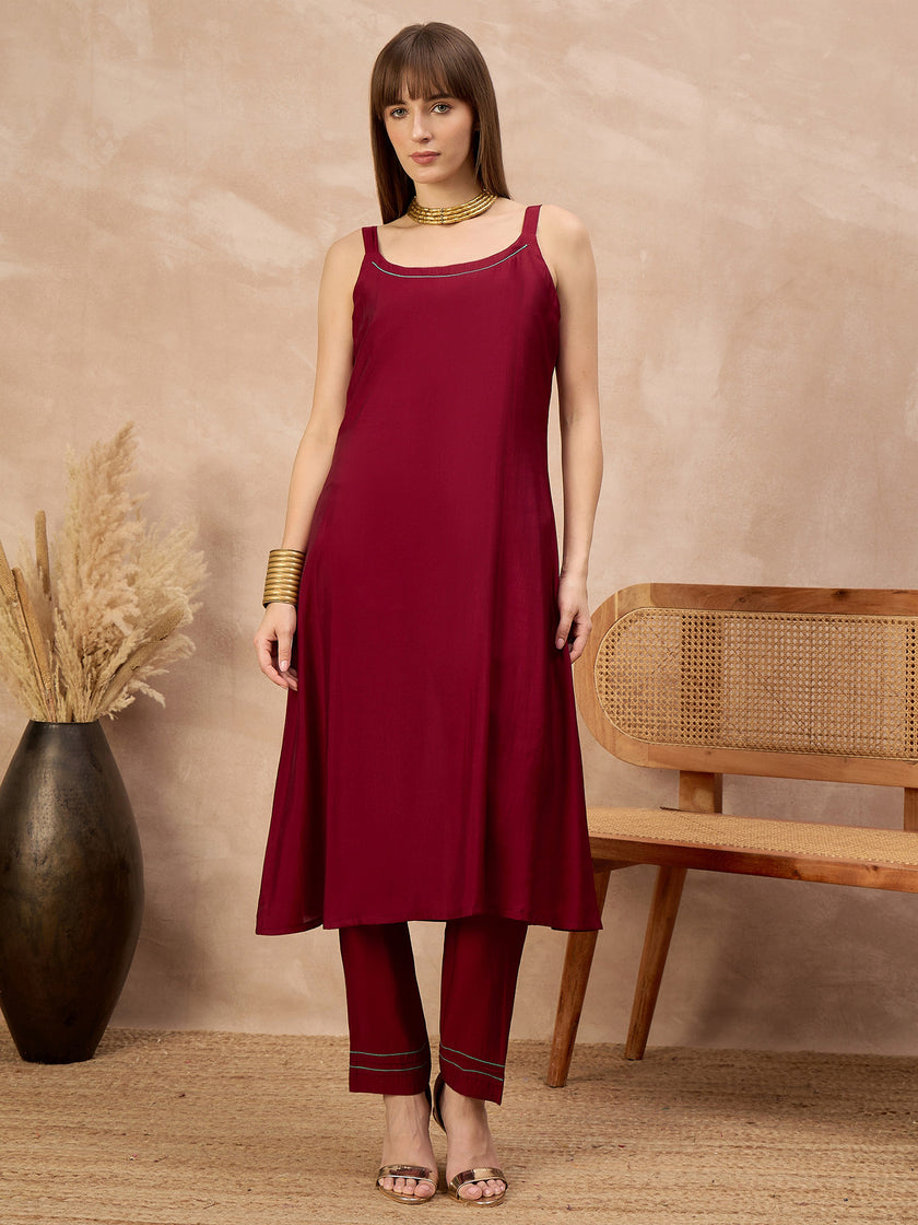 Maroon Pure Cotton Solid A-Line Kurta Trouser With Floral & Mirror Embroidered Shrug