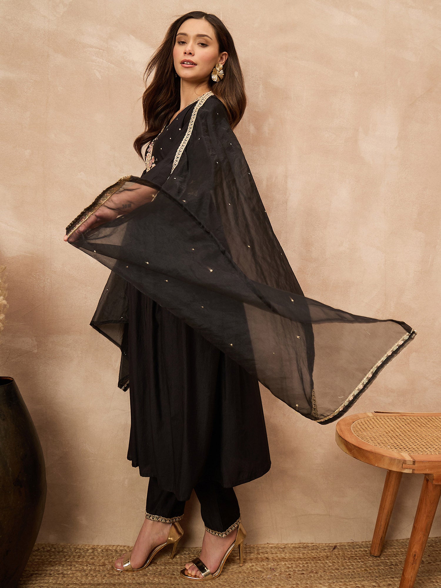 Black Silk Blend Solid A-Line Kurta Trouser with Dupatta