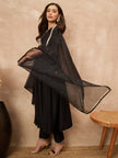 Black Silk Blend Solid A-Line Kurta Trouser with Dupatta