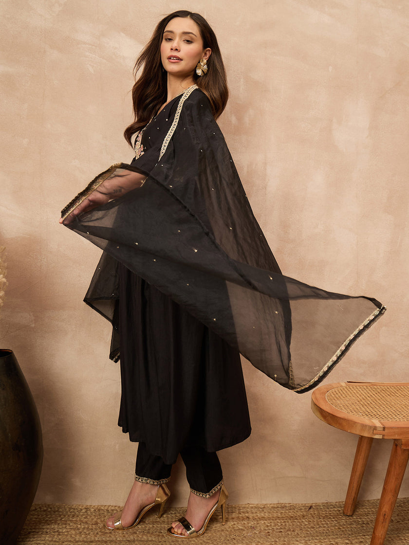 Black Silk Blend Solid A-Line Kurta Trouser with Dupatta