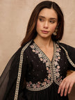 Black Silk Blend Solid A-Line Kurta Trouser with Dupatta