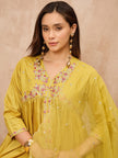 Yellow Silk Blend Solid A-Line Kurta Trouser with Dupatta