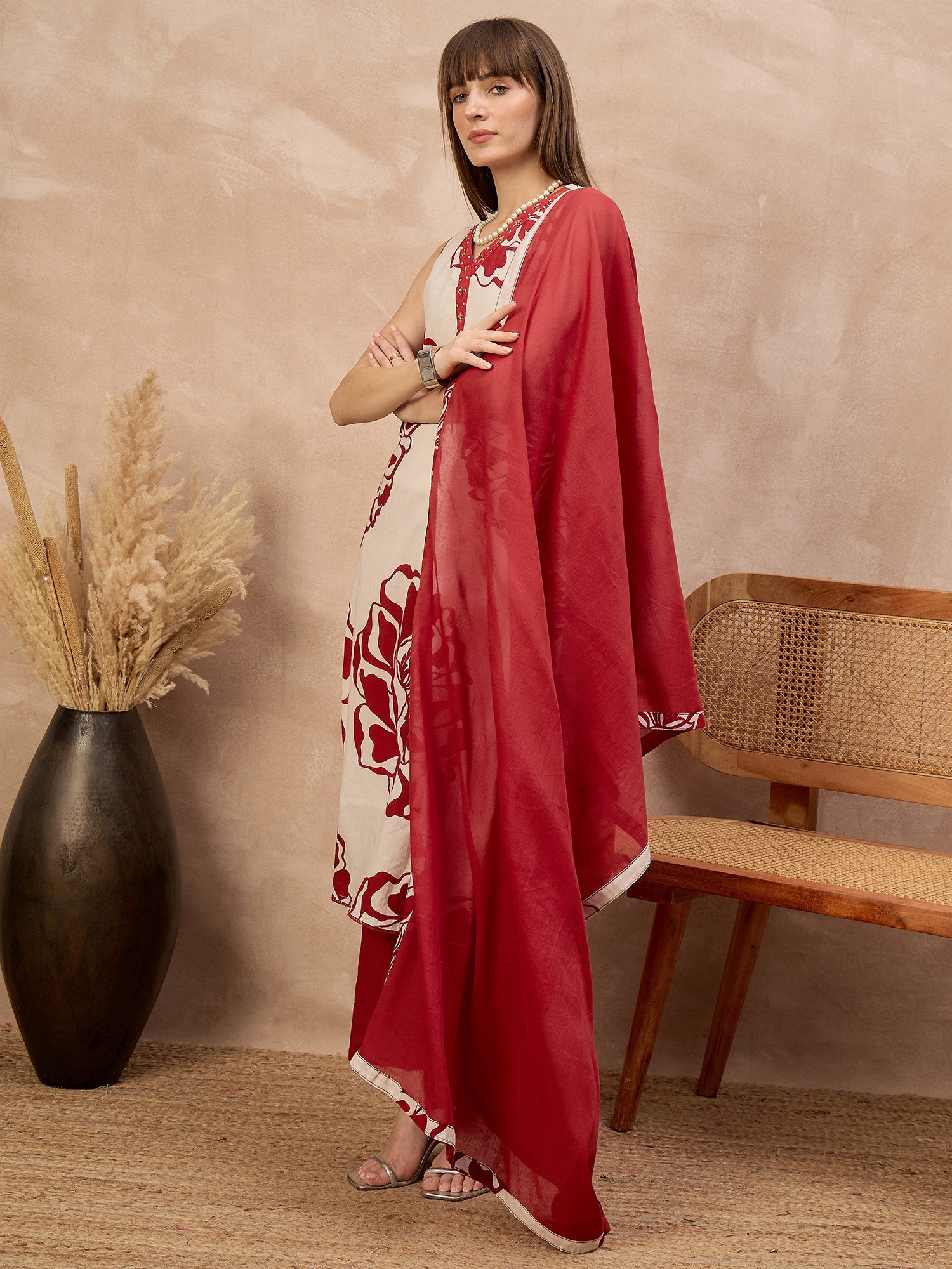 Red Pure Cotton Floral Printed A-Line Sleeveless Kurta Trouser With Dupatta