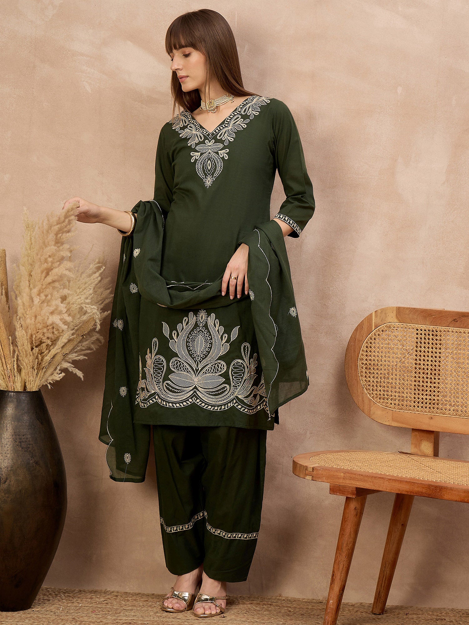 Green Pure Cotton Embroidered A-Line Kurta Trouser With Embroidered Dupatta