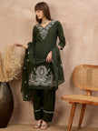 Green Pure Cotton Embroidered A-Line Kurta Trouser With Embroidered Dupatta