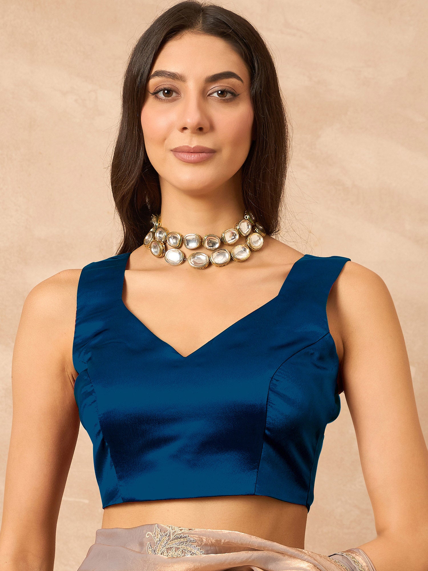 Beige Satin Solid with Coding Border Saree with Unstitched Blouse