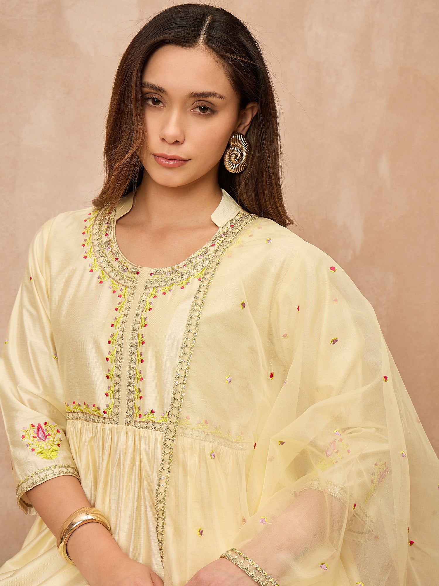 Cream Satin Solid A-Line Kurta Trouser with Dupatta