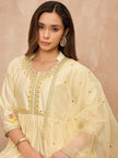 Cream Satin Solid A-Line Kurta Trouser with Dupatta
