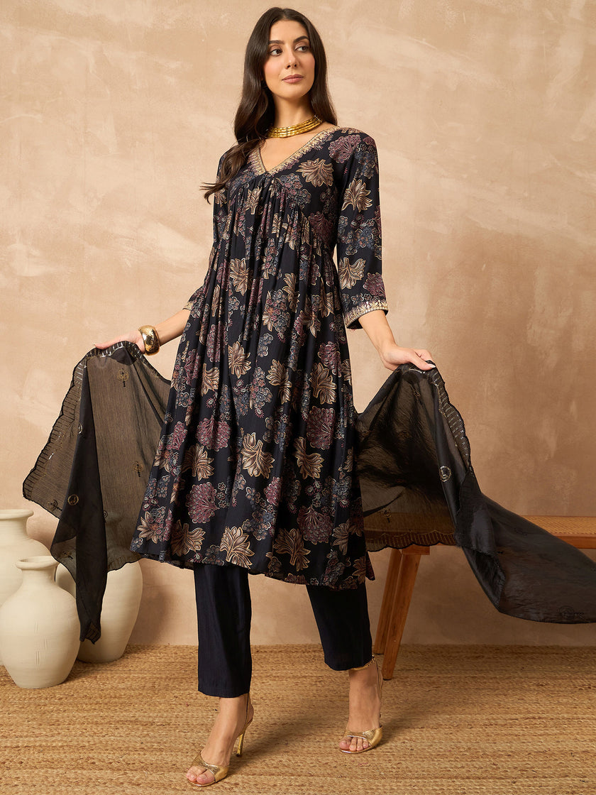 Black Cotton Blend Printed Anarkali Kurta Trouser With Dupatta
