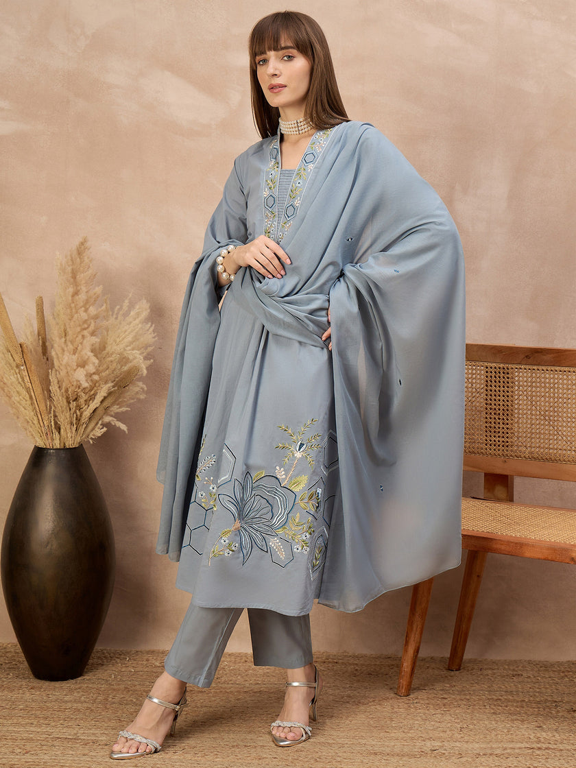 Grey Pure Cotton Floral & Geometric Embroidered A-Line Kurta Trouser With Dupatta