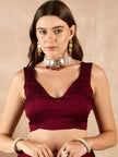 Maroon Satin Solid With Stone Work Border Saree with Unstitched Fancy Blouse