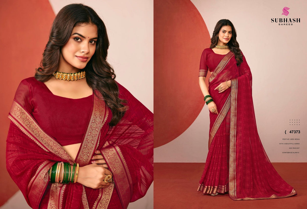 Riviera-29 : Printed Gerorgette with Gold jari Border Saree with Designer Printed Blouse