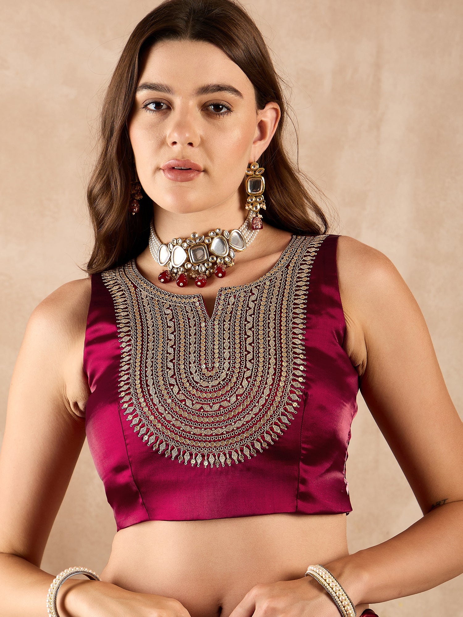 Maroon Satin Solid With Sequenced Lace Saree with Unstitched Fancy Blouse