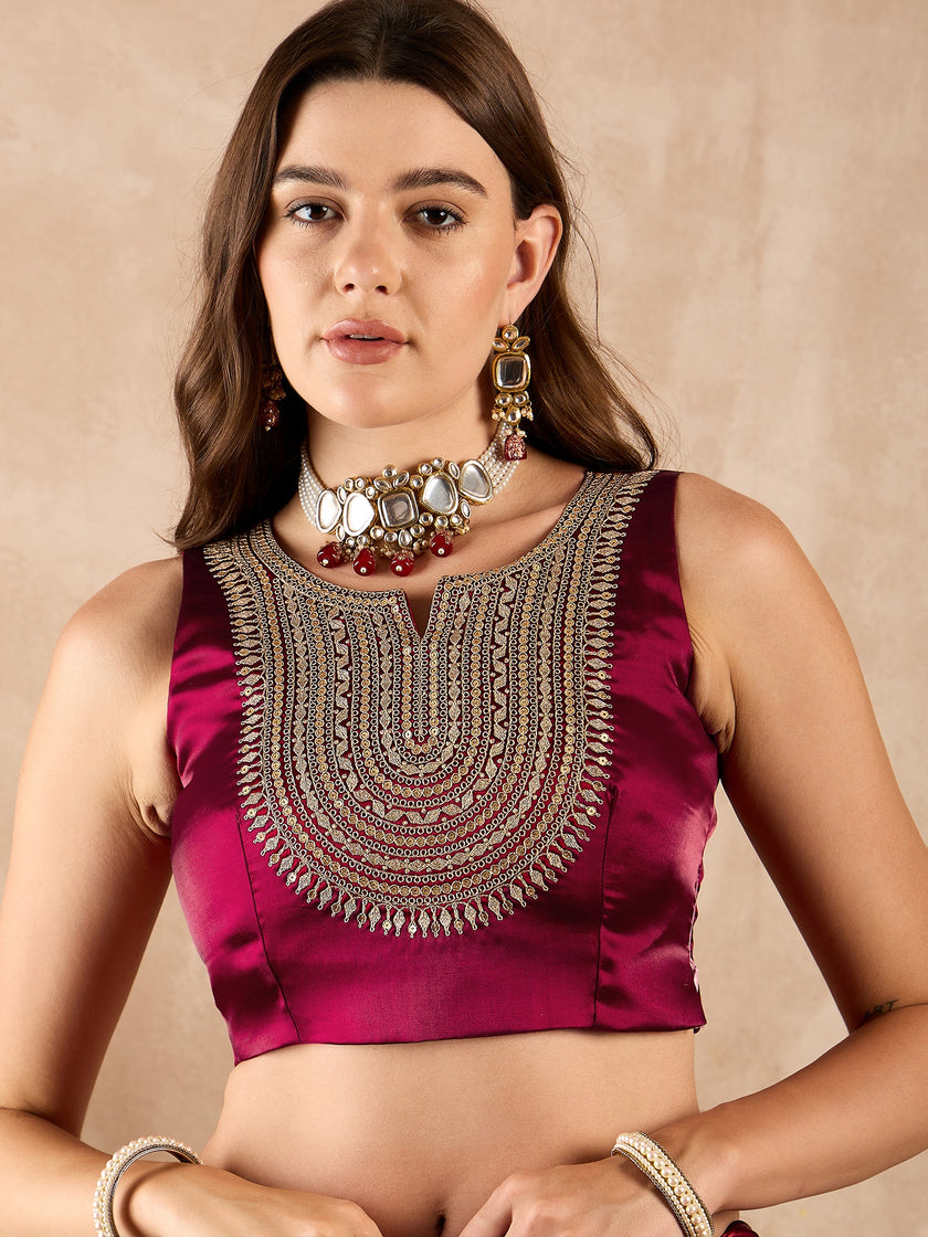 Maroon Satin Solid With Sequenced Lace Saree with Unstitched Fancy Blouse