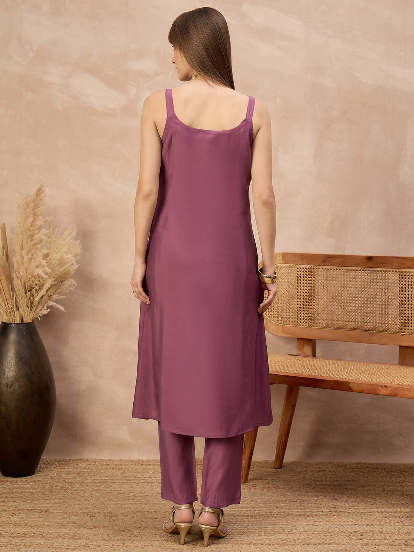 Purple Pure Cotton Solid A-Line Kurta Trouser With Floral & Mirror Embroidered Shrug