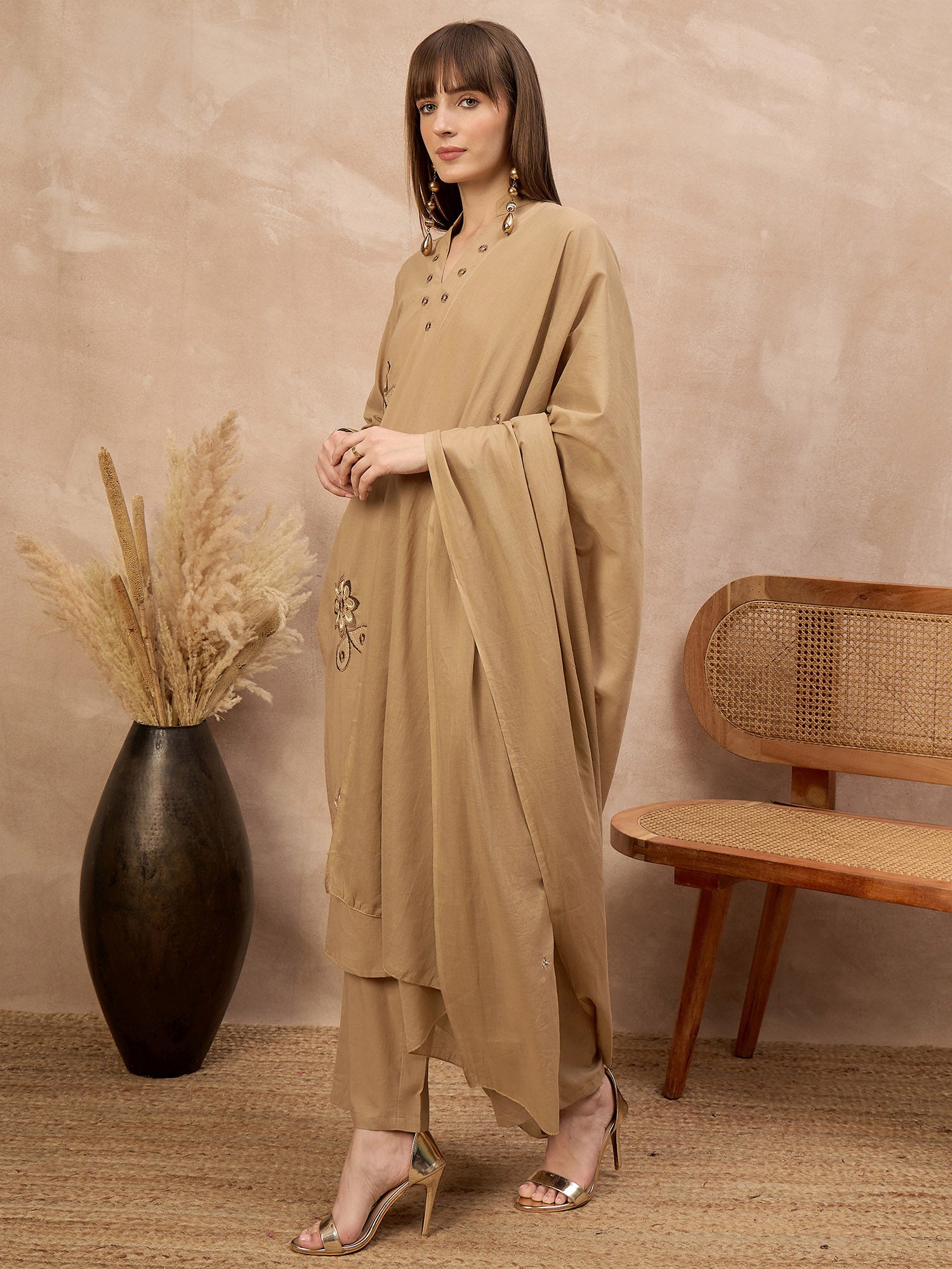Beige Pure Cotton Floral Embroidered A-Line Kurta Trouser With Dupatta