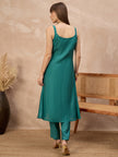 Green Pure Cotton Solid A-Line Kurta Trouser With Floral & Mirror Embroidered Shrug