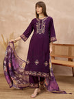 Purple Pure Cotton Beads & Stone Embroidered A-Line Kurta Trouser With Printed Dupatta
