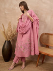 Peach Pure Cotton Floral & Geometric Embroidered A-Line Kurta Trouser With Dupatta