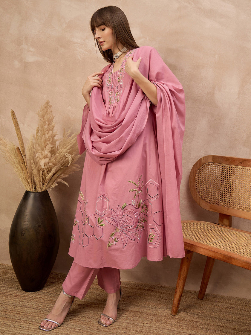Peach Pure Cotton Floral & Geometric Embroidered A-Line Kurta Trouser With Dupatta