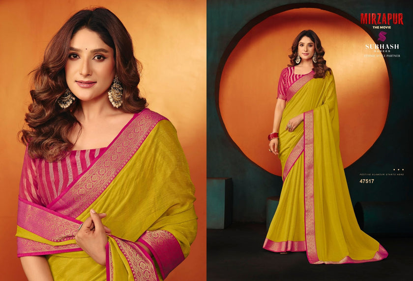Rani - Mirzapur Special : Soild Sai Chiffon Saree with Gold Jari Border & Designer Blouse