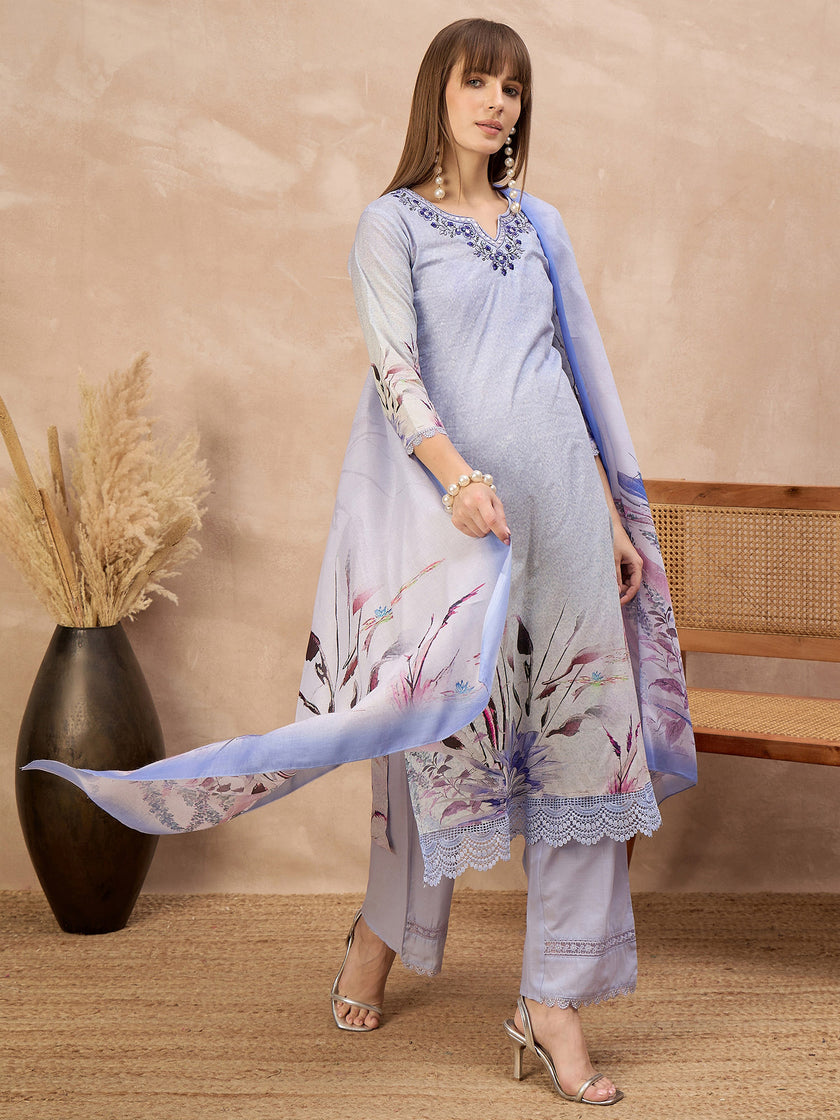 Multi Pure Cotton Digital Printed A-Line Kurta Trouser With Printed Dupatta