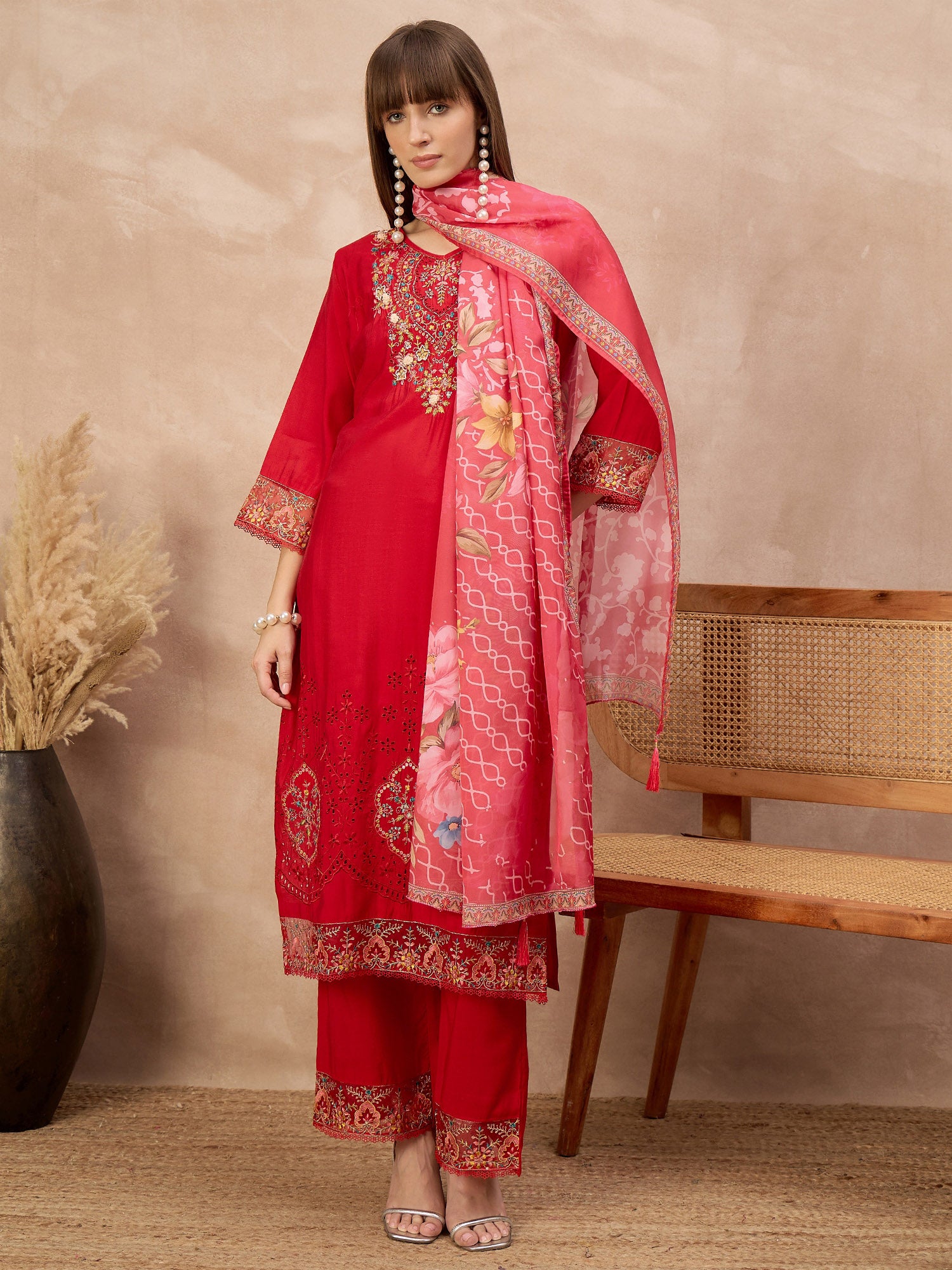 Red Pure Cotton Beads & Stone Embroidered A-Line Kurta Trouser With Printed Dupatta
