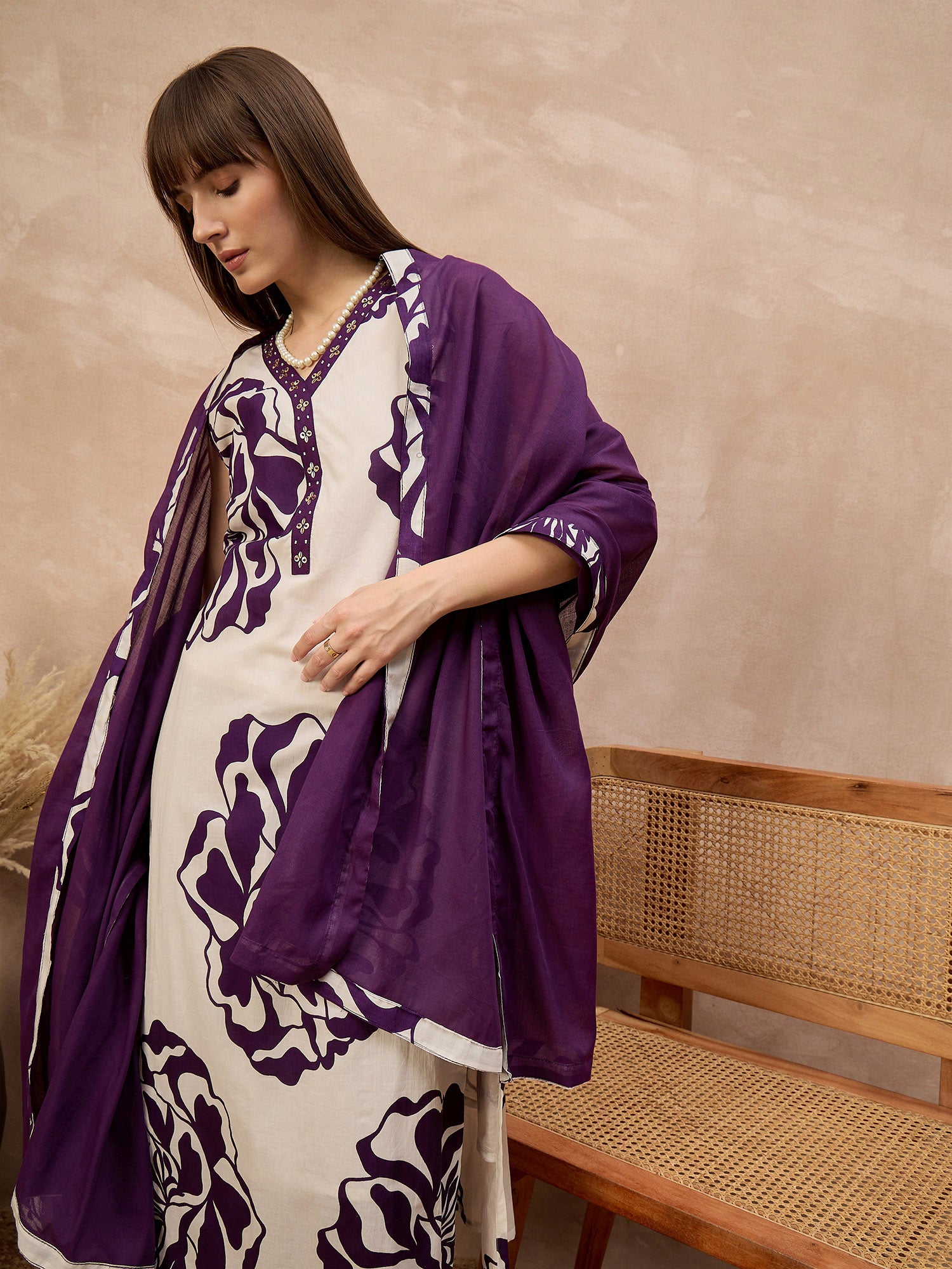Purple Pure Floral Cotton Printed A-Line Sleeveless Kurta Trouser With Dupatta