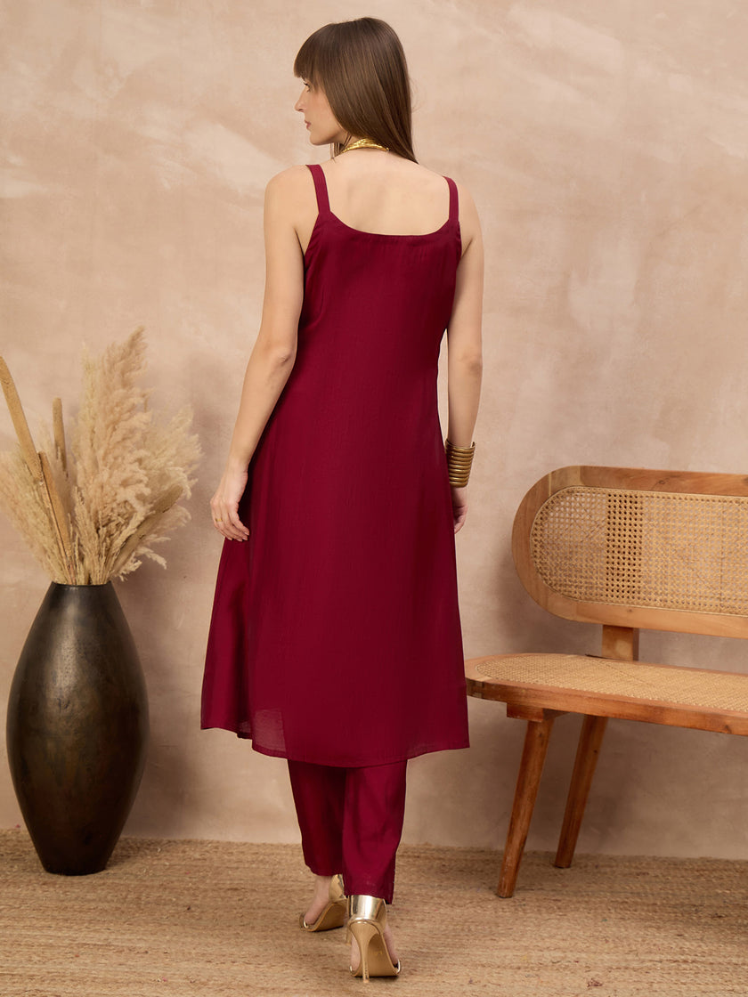 Maroon Pure Cotton Solid A-Line Kurta Trouser With Floral & Mirror Embroidered Shrug