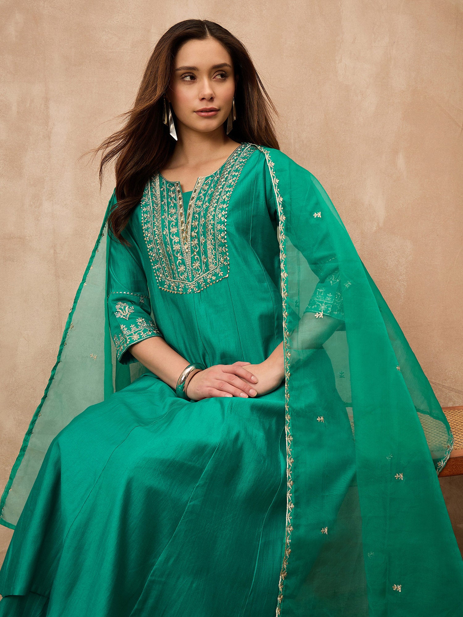 Green Chanderi Silk Solid A-Line Kurta Trouser with Dupatta