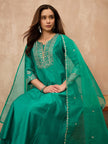 Green Chanderi Silk Solid A-Line Kurta Trouser with Dupatta
