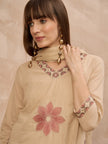 Beige Pure Cotton Floral & Mirror Embroidered A-Line Kurta Trouser With Dupatta