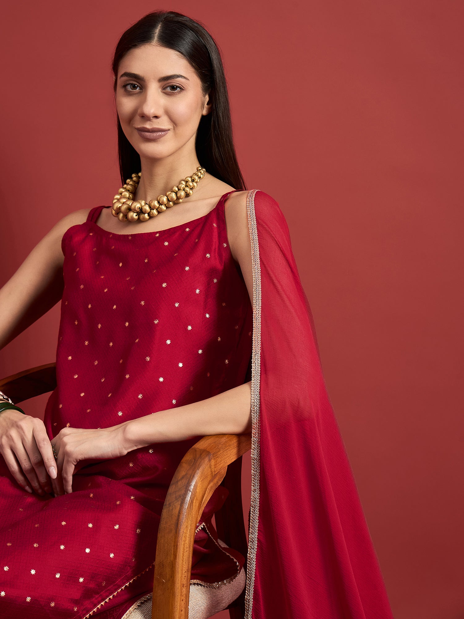 Red  Silk Blend Printed A-Line Kurta  Trouser