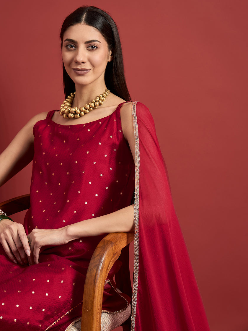 Red  Silk Blend Printed A-Line Kurta  Trouser